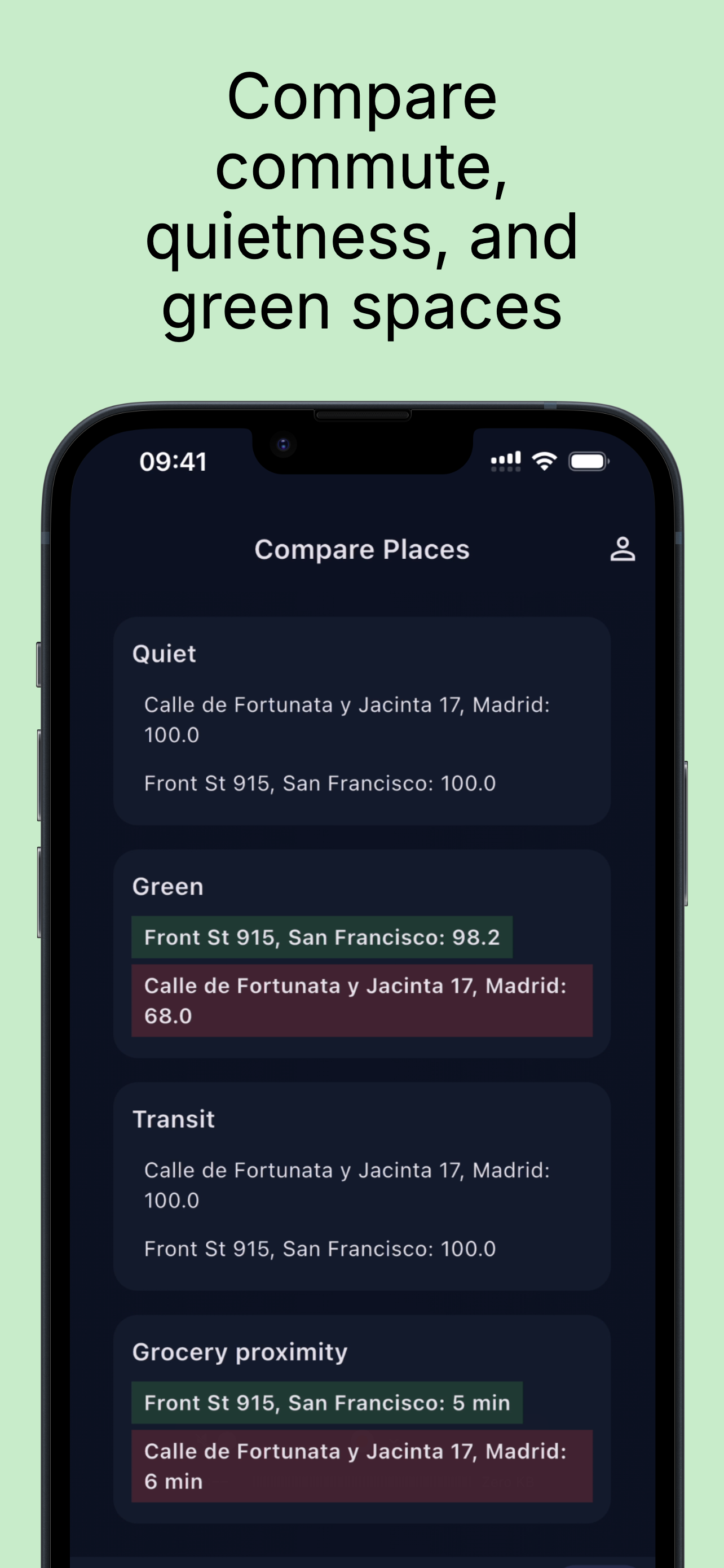 Map overview with walk, transit, and drive isochrones